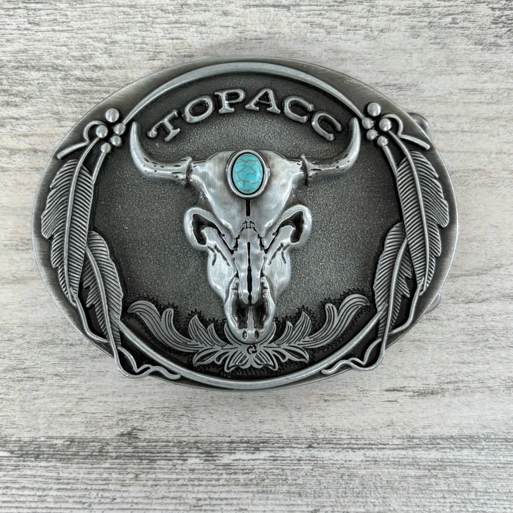 Topacc Unisex Leather Western Steer Turquoise Buckle Feather Design Belt Size 36